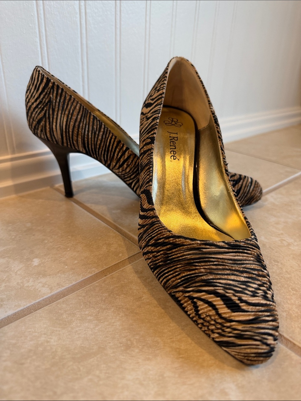 J.Renee Zebra-Print Pointed Toe Pumps in Black & Tan